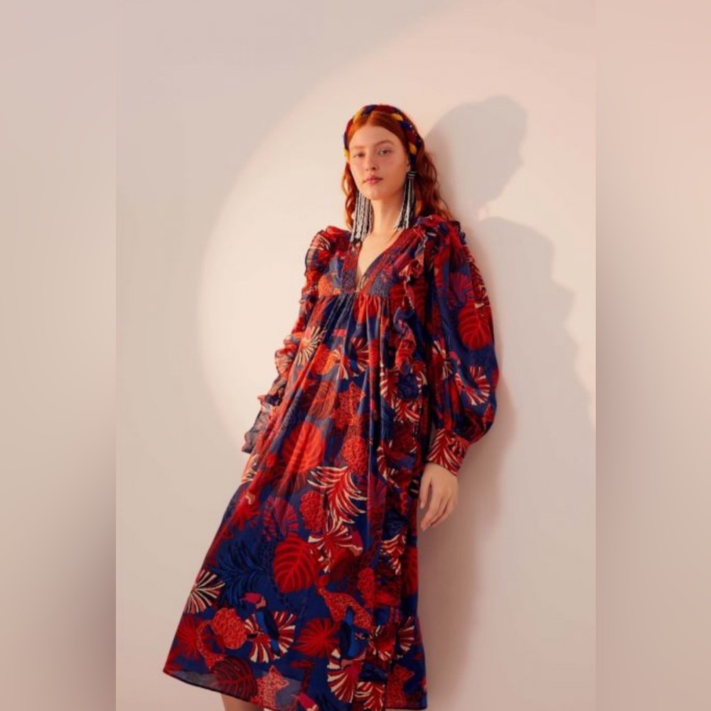 Farm Rio Bold Tropical Print V-Neck Maxi Dress - Red & Blue - Picture 11 of 12